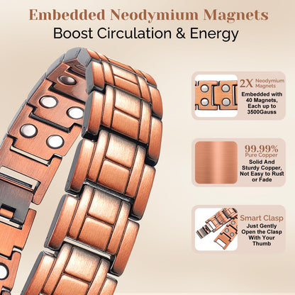 JEROOT Men's 99.99% Pure Copper Magnetic Bracelet, 3500 Gauss Magnets Adjustable with Sizing Tool