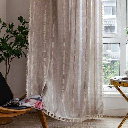 Linen Curtains 108 Inches Long for Living Room 2 Panels Set, Embroidery Farmhouse Tassel Boho for Bedroom Light Filtering Window Rod Pocket Drapes (52" W x 108" L, Khaki)