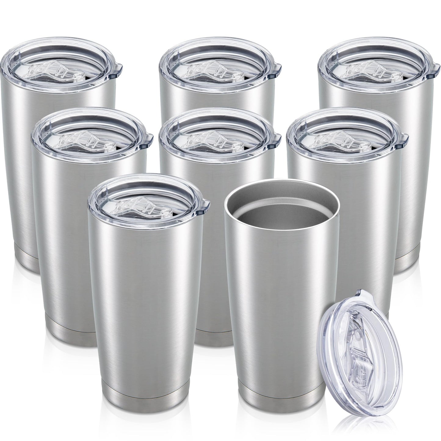 Orebigo 20 oz Tumbler with Lid Stainless Steel Insulated Tumblers Bulk Double Wall Vacuum Cups Powder Coated Travel Mug Keep Drink Cold and Hot, Stainless Steel, 8 Pack