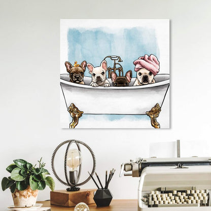 Oliver Gal Animals Modern Canvas Wall Art Frenchies In The Tub Ready to Hang Home Decor 12.0 x 12.0 White and Blue Canvas Art for Bath
