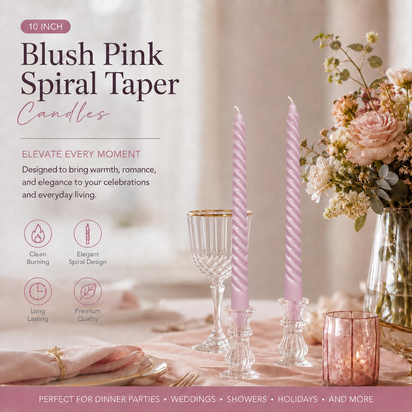 10 Inch 8 Pack Blush Pink Spiral Taper Candles for Dinner Home Decor Wedding Shower Christmas Candlesticks, Baby Shower, Birthday Party Candles