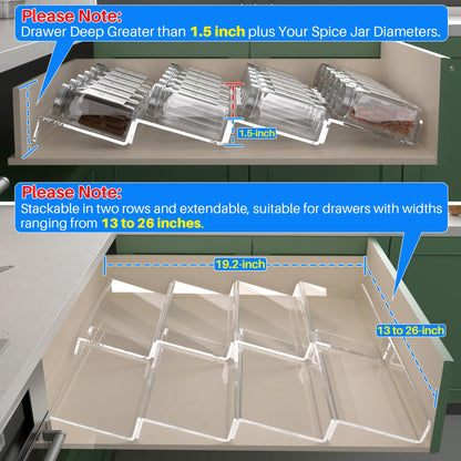 Antimbee Spice Drawer Organizer, 4 Tier- 4 Pack Acrylic Spice Rack Tray for Drawer, Expandable From 13" to 26" Kitchen Spice Rack Tray for Countertop Holds up 28 Spice Jars (Jars not Include)