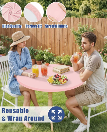 Moosfor Round Spandex Valentines Day Tablecloth, Elastic Fitted Waterproof Tablecloths for 18"-24" Tables, Stretch Washable Picnic Table Cover for Camping, Dining, Indoor and Outdoor, Pink