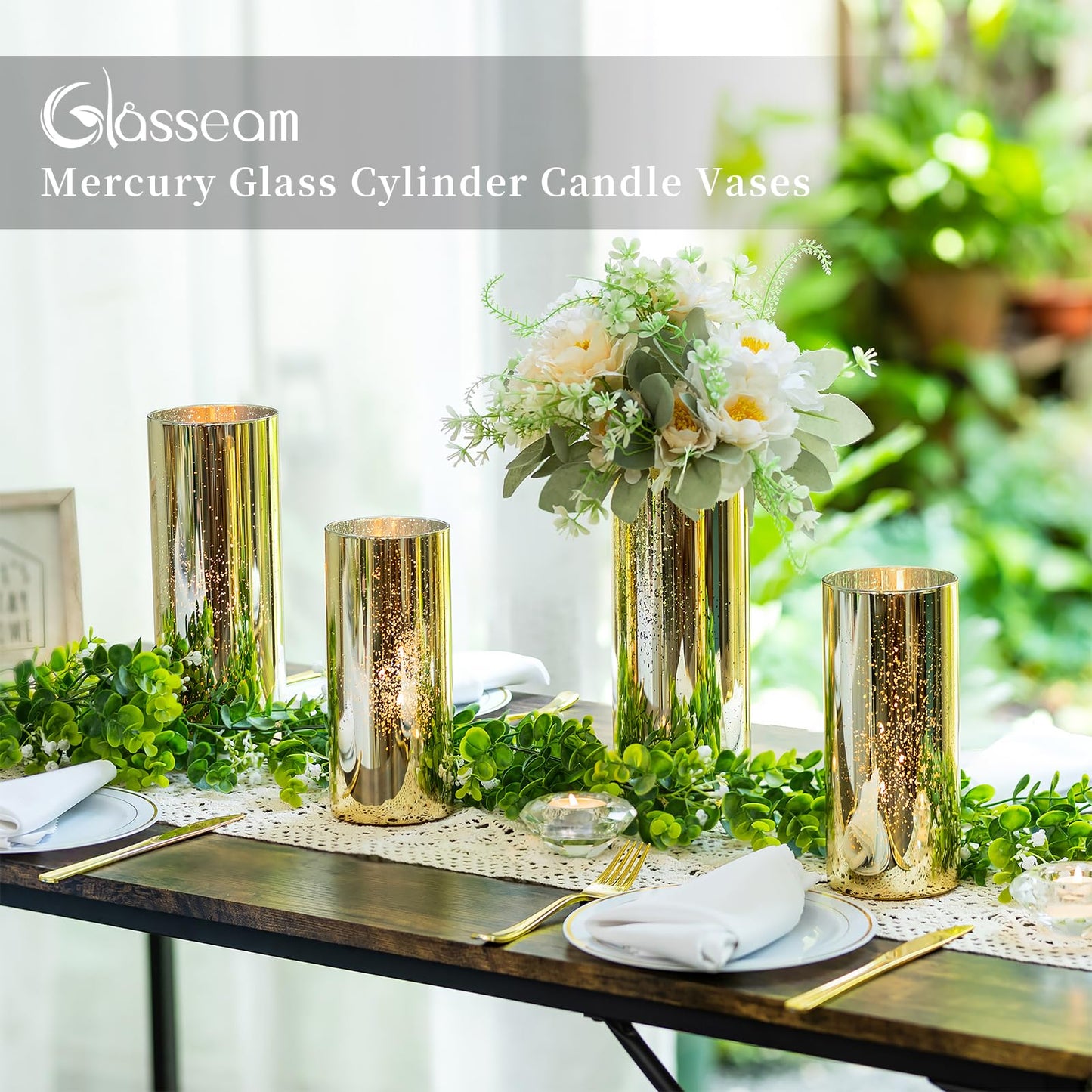 Glasseam Glass Cylinder Gold Candle Holder, Set of 12 Hurricane Candle Holders for Pillar Candles, Modern Mercury Floating Candle Holders for Table Centerpiece Wedding Living Room Home Decor