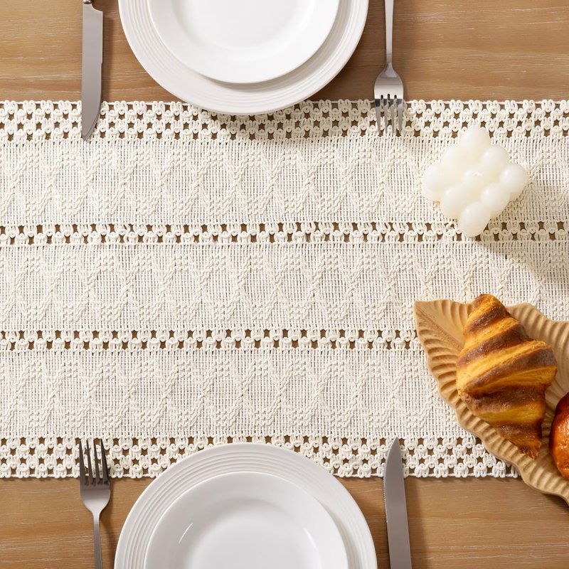 Socomi Boho Table Runner Summer Farmhouse Rustic Dining Kitchen Centerpiece Decor Small Macrame Woven Cotton Linen Coffee Table Runner for Dresser Scarf Home Decor 12x36 inch Cream Ivory