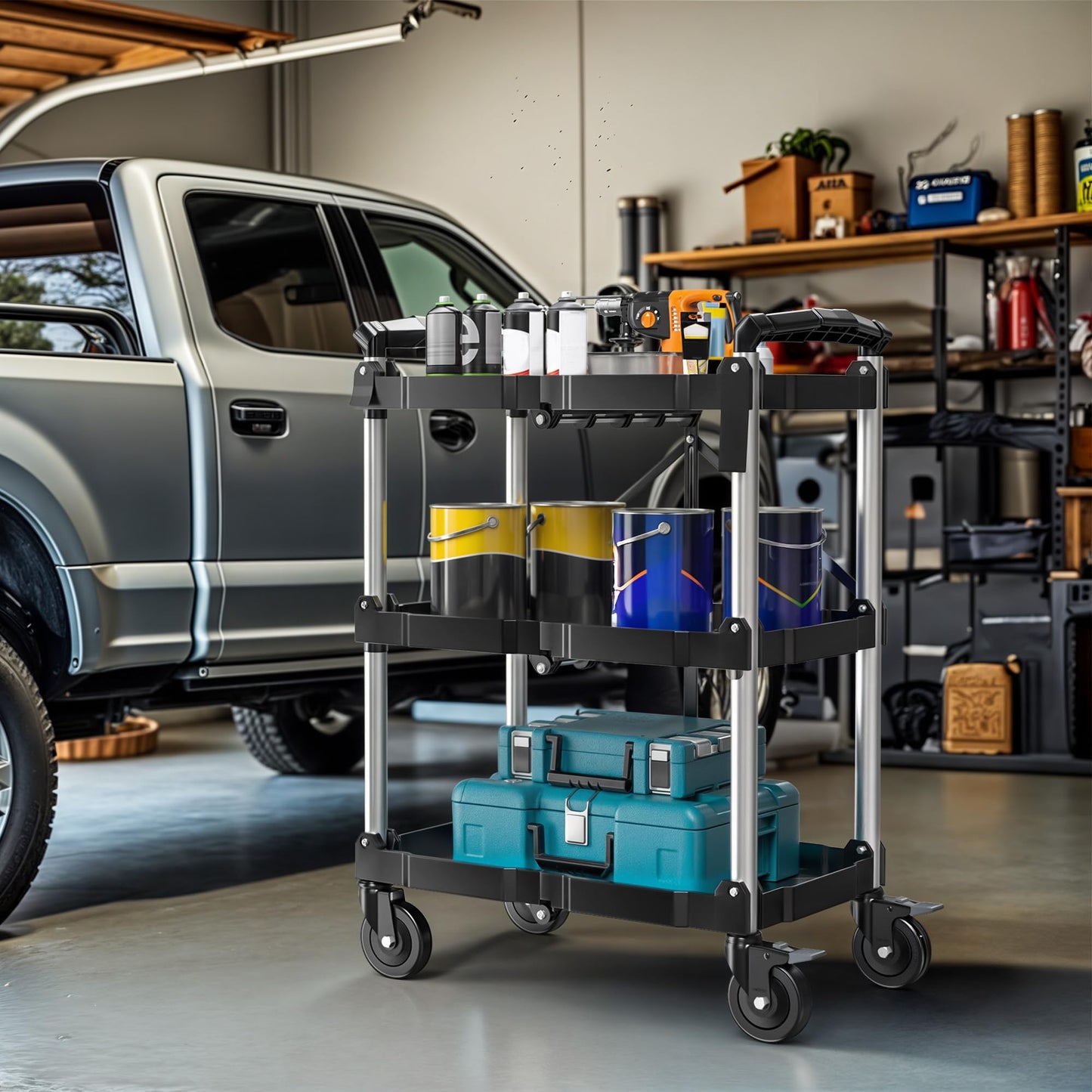 DWVO 3-Tier Folding Utility Cart, Foldable Service Cart Heavy Duty Collapsible Rolling Cart with 360° Swivel Wheels and Brake, 350LBS Load Capacity Portable Utility Cart for Kitchen, Warehouse, Garage