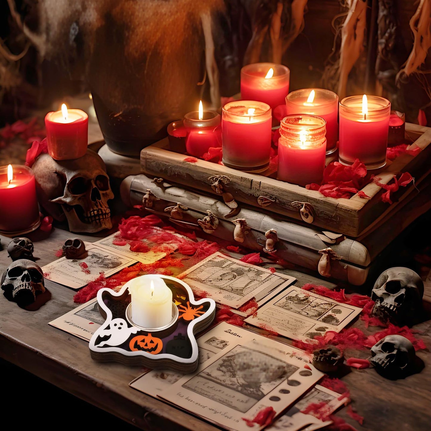 Halloween Tea Light Candle Holders 1PCS Wooden Ghost Tealight Holders with Metal Cups for Halloween Party, Table Centerpiece & Home Décor(White-Ghost)