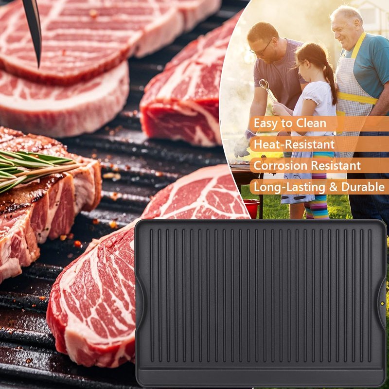Cast Iron Griddle for Gas Grill, 16" x 24" Reversible Pre-Seasoned Large Flat Top Griddle Plate for Camp Chef etc., Stovetop/Electric/Propane/Charcoal, Outdoor Cooking Oblong Grilling Pan for Camping