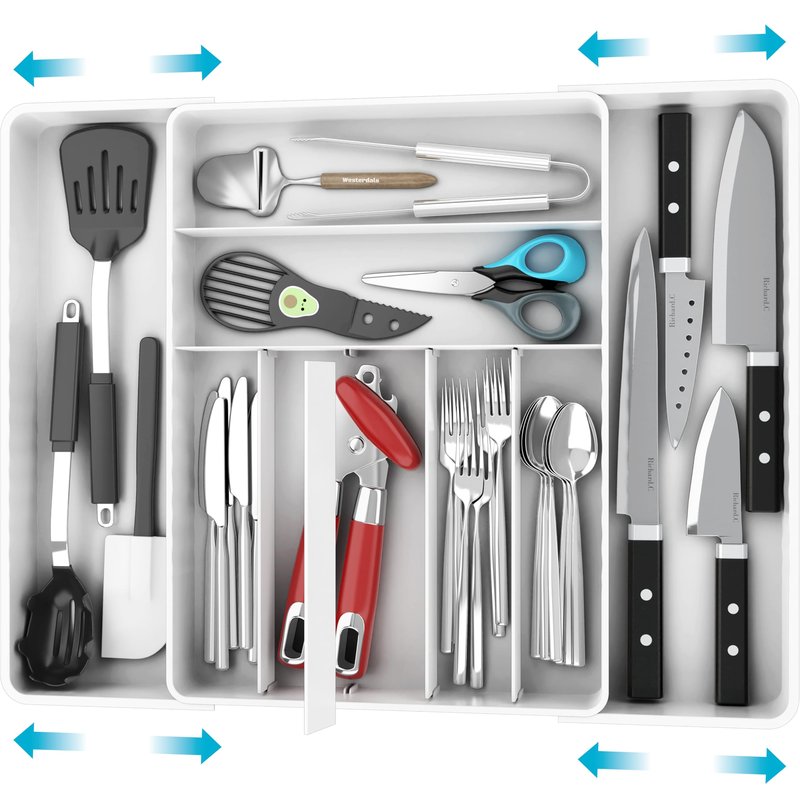 Simple Houseware Expandable & Adjustable Cutlery Drawer Organizer - Large Utensil and Flatware Tray for Kitchen Drawers, White