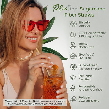EcoPreps Biodegradable Sugarcane Straws, Plastic-Free Individually Wrapped Straws | 300 Count, 100% Compostable, Eco-Friendly Drinking Straw | 7.8” Sugar Fiber Disposable Straw, Packed in Paper Wrap
