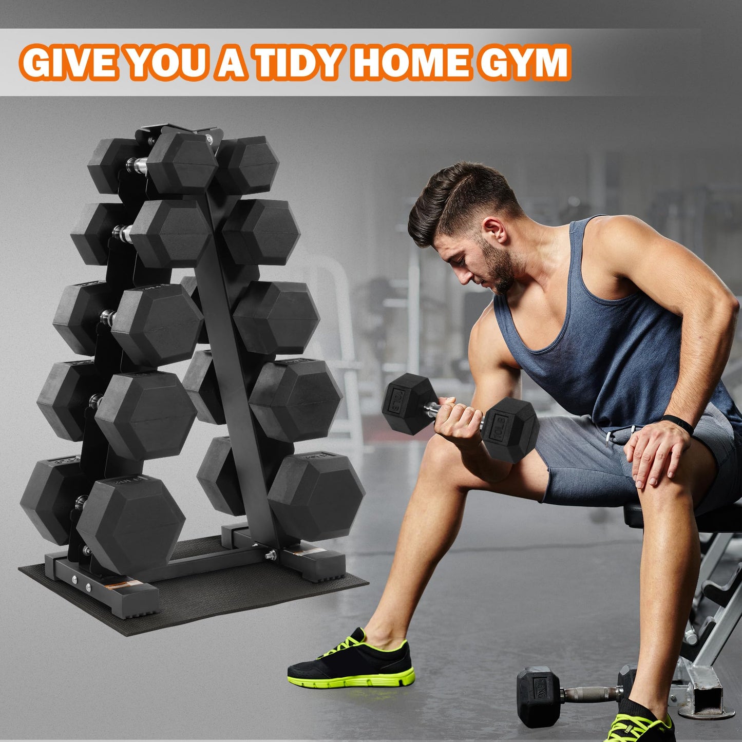 Fitvids Rubber Coated Hex Dumbbell Weight Set and Storage Rack, 200 LBS
