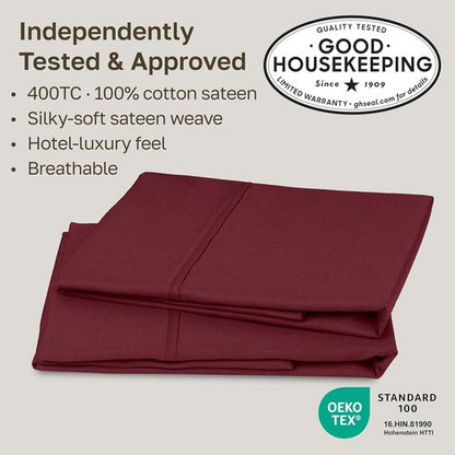 California Design Den Pillowcase Set | 400 Thread Count 100% Cotton Sateen | Queen Size, Soft & Breathable - Burgundy Red