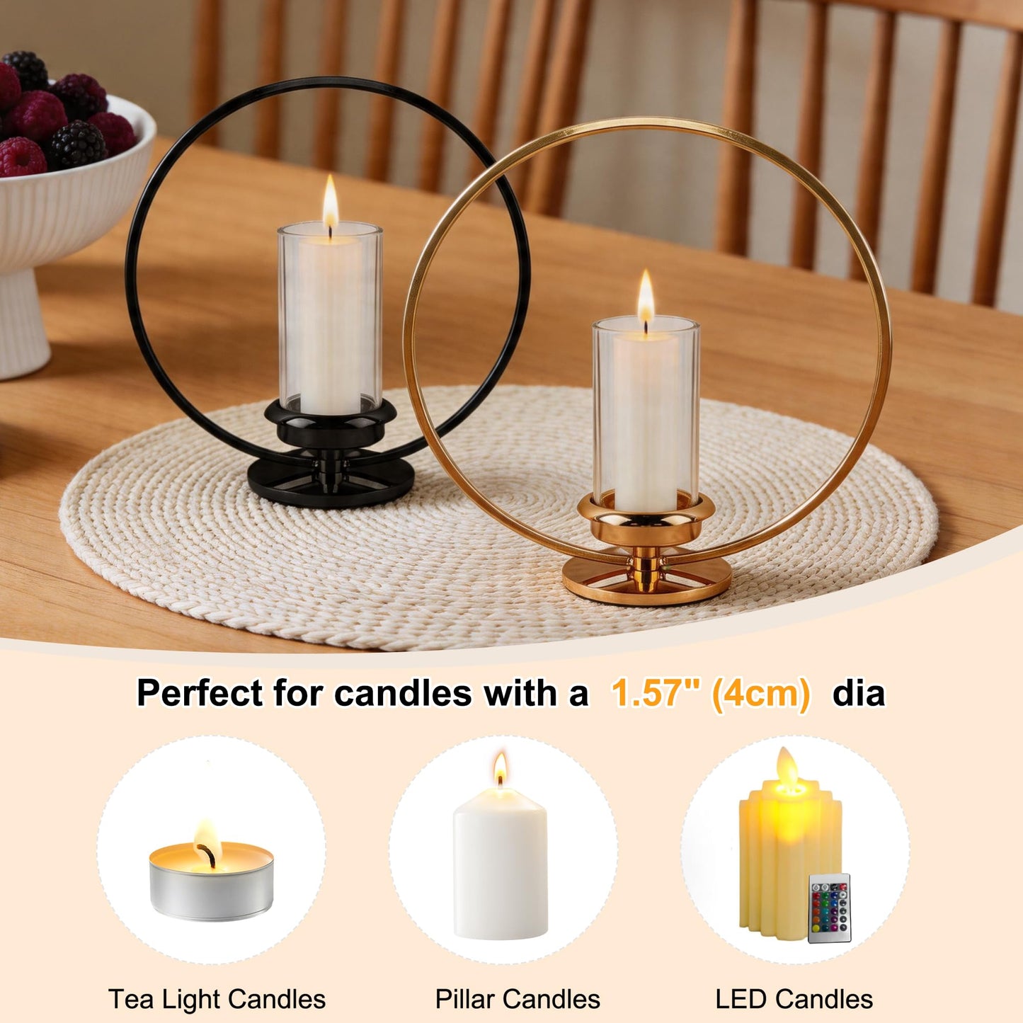 HiSnug Hurricane Candle Holders Set - Circular Metal Candlestick Holders with Glass Sleeve, 2PCS Simple Decorative Candleholder for Dining Table Centerpiece Shelf Home Decor, 2PCS, L+L, Black