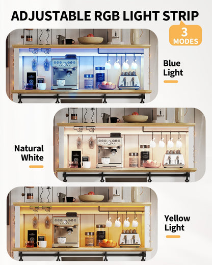 IDEALHOUSE 55" Farmhouse Coffee Bar Cabinet with Power Outlet & LED Light - Sliding Barn Door Buffet with Removable Wine Rack, 2-Tier Drawers, for Kitchen, Dining & Living Room, White
