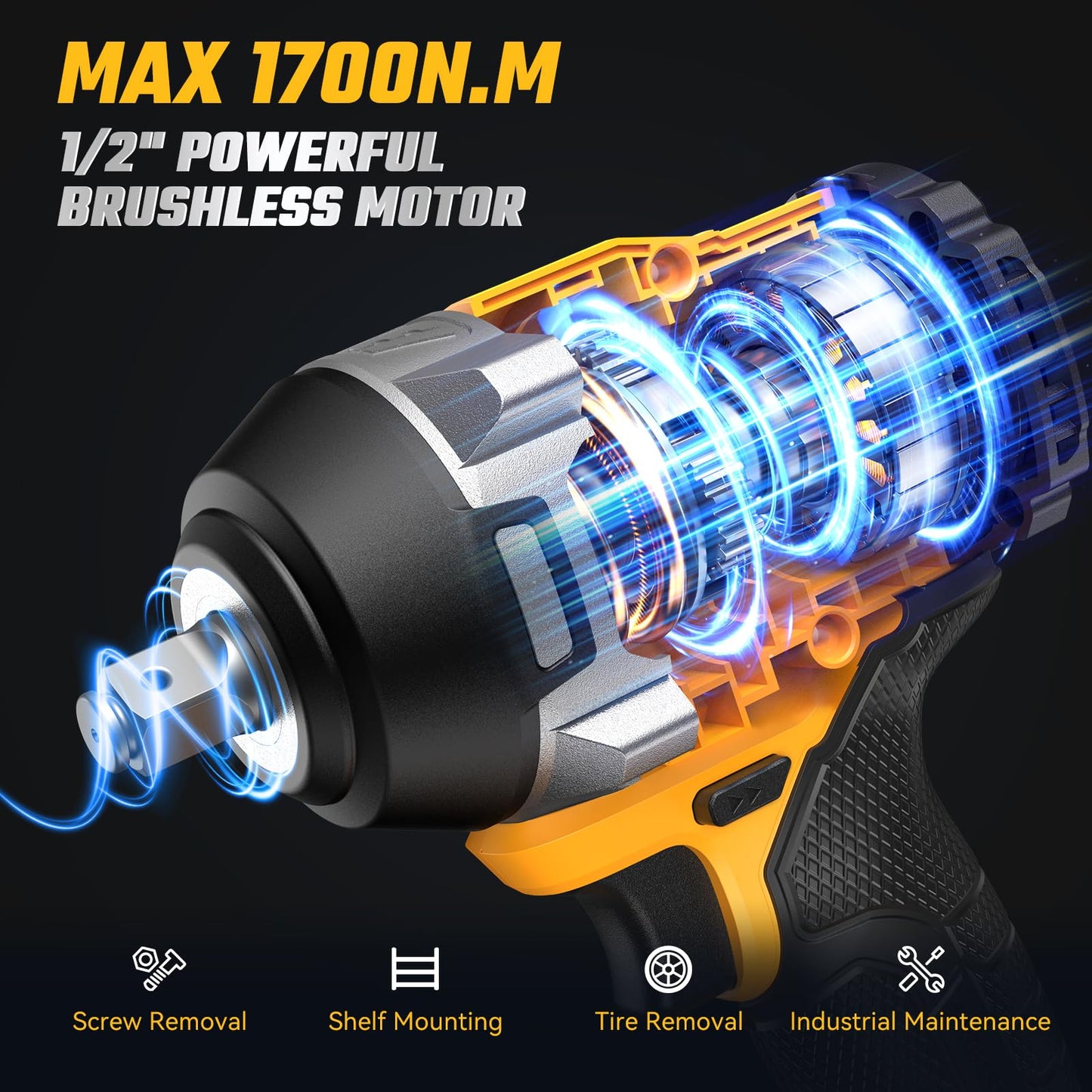 Cordless Impact Wrench for Dewalt 20V Battery, 1254Ft-lbs (1700N.m) 1/2 Inch Electric Impact Gun, 3 Speed High Torque Impact Driver with 6 Sockets, Impact Drill for Car Home Mower (No Battery)