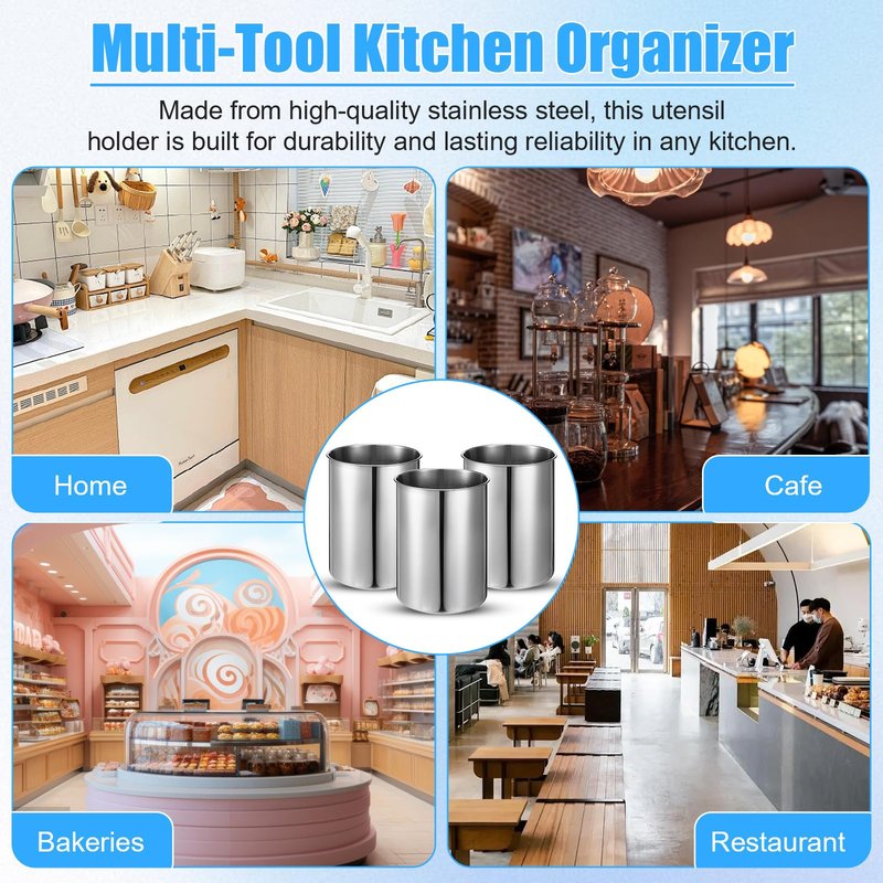 HOFURME 3 Pcs Cooking Utensil Holder for Kitchen Counter, 5.6 x 7.5 inch Metal Utensil Crock Stainless Steel Utensils Holder Container Canister Spatula Spoon Caddy Organizer (Silver)
