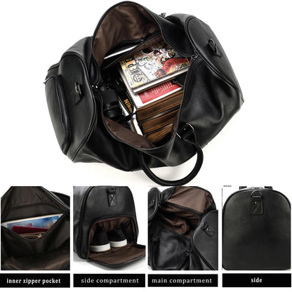Leather Travel Duffle Bag with Shoe Pouch, Cabin Friendly Weekender Overnight Bags, Carry On Sports Gym Bag for Men Women