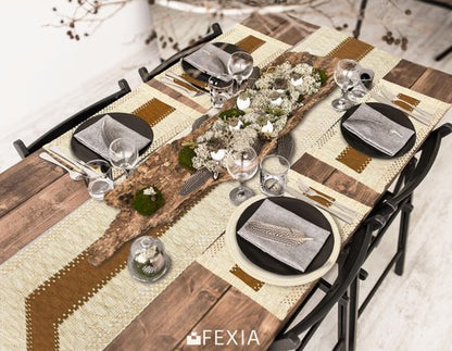 FEXIA Boho Placemats Set of 6, Macrame Table Decor and Farmhouse Style Placemats Natural Cotton Burlap, for Dining Table, Caramel