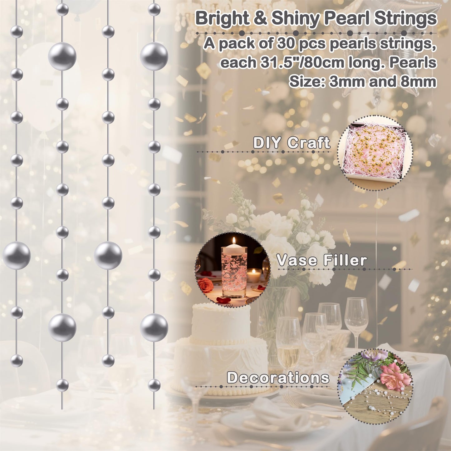 YATOJUZI 30 PCS Artificial Pearl String Silver Vase Filler Floating Pearls for Vases Centerpieces Faux Pearl Beads String Decorations Wedding Holiday Party Decor