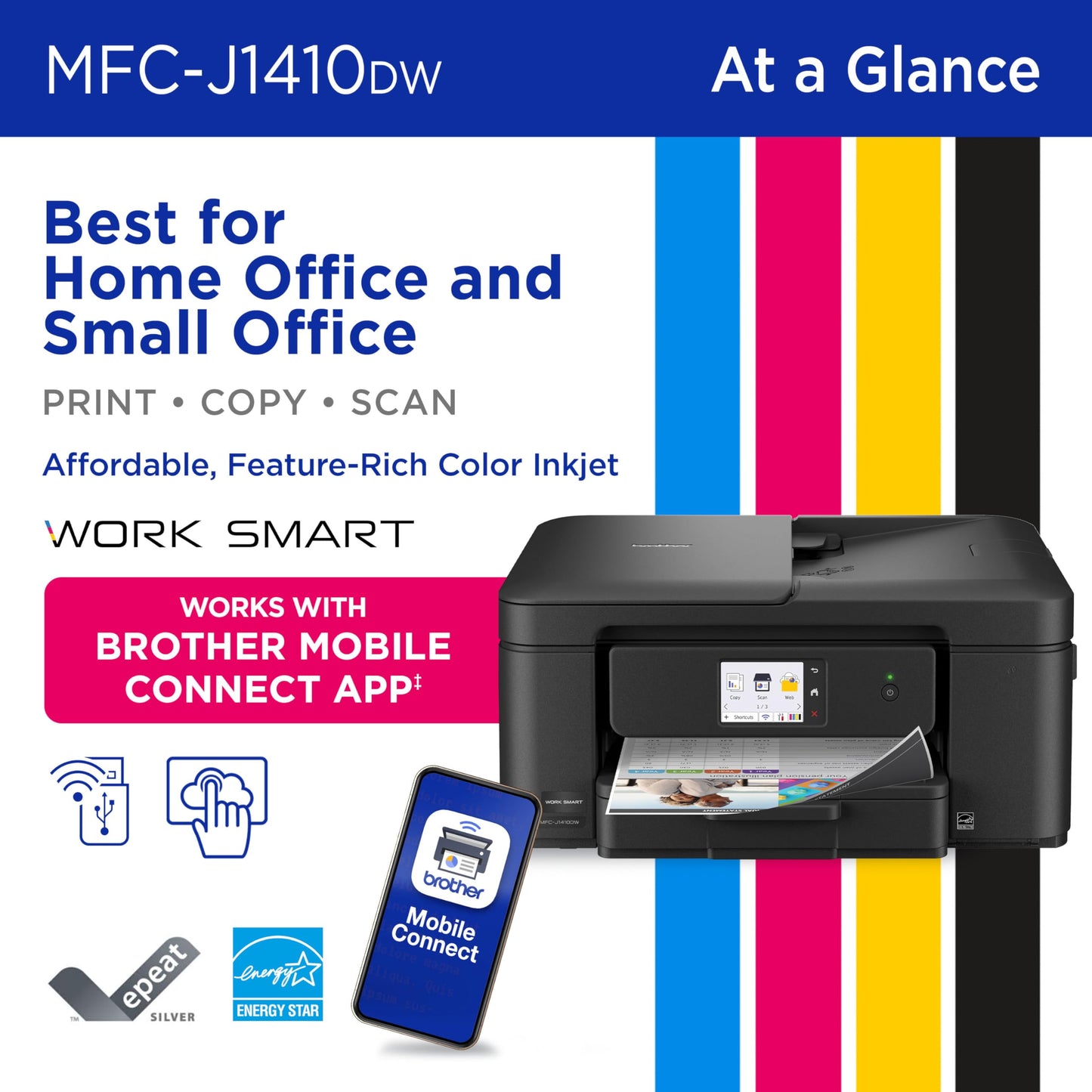 Brother Work Smart 1410 Wireless Color Inkjet All-in-One Printer with 2.7” Touchscreen and Automatic Duplex Printing | Includes Refresh Subscription Trial(1) (MFC-J1410DW)