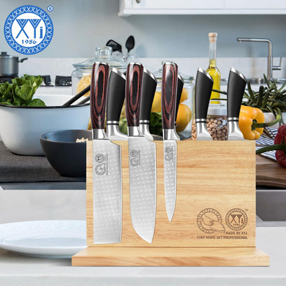 XYJ Authentic Since 1986, Magnetic Knife Block, Double Side Kitchen Knife Stand, Acacia Wood, Magnetic Knife Holder with Strong Enhanced Magnets,Knives Storage Rack Stand for Home Kitchen