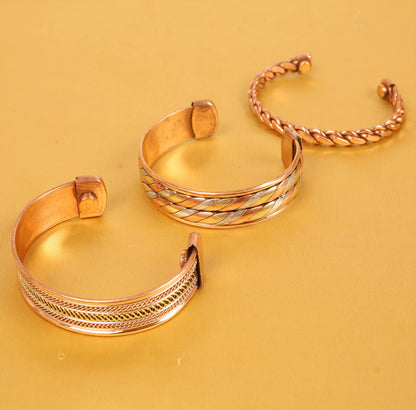Touchstone copper bracelets | gift for men women |adjustable 100% pure solid real magnetic jewelry | handmade bracelet set combo | rope braided tibetan bangles. Set of 3 different designs