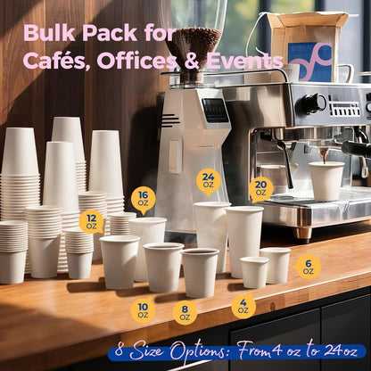 Fit Meal Prep 100 Pack 24 oz Disposable Paper Coffee Cups, Premium Hot Cups for Hot/Cold Beverage, Durable Thickened White Paper Cup Bulk for Party, Office, Bussines, Cafes, Bistros, Daily Use