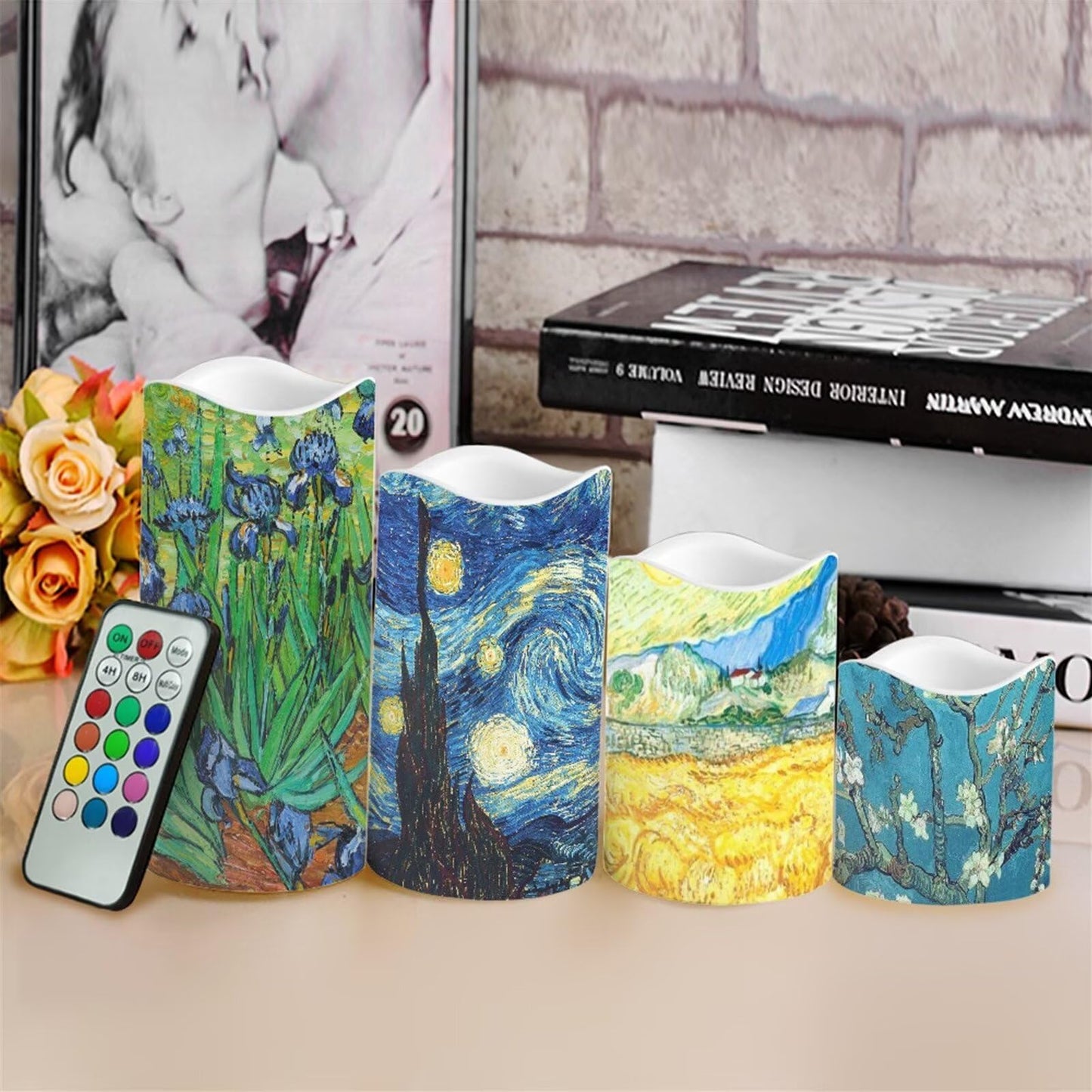 Ystardream Van Gogh Starry Night Flameless Candles Plastic Moving Flickering LED Candles with Remote Color Changing & Timer,4 Packs