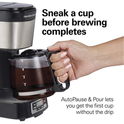 Hamilton Beach 5 Cup Drip Coffee Maker with Easy FrontFill Basket, Compact Design, Programmable Clock, Glass Carafe, Auto Pause and Pour, Black & Stainless Steel (46111)
