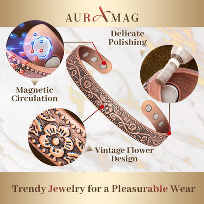 Auramag Copper Bracelets for Women, 99.99% Pure Copper Cuff Bangle with 3500 Gauss Magnets, Adjustable Jewelry with Gift Box(Set of 2)