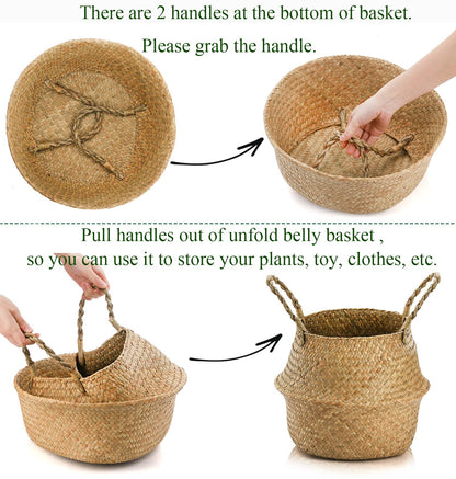 Yesland 2 Pack Woven Seagrass Plant Basket with Handles, Ideal Wicker Baskets Storage Plant Pot Baskets for Laundry, Picnic, Plant Pot Cover, Beach Bag and Grocery Basket (L)