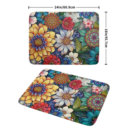 Boho Floral Dish Drying Mat for Kitchen Counter 18x24 Inch Super Absorbent Microfiber Kitchen Drying Mat Bohemian Flower Dish Drainer Rack Mat Reusable Washable Dish Drying Pad for Kitchen Coffee Bar