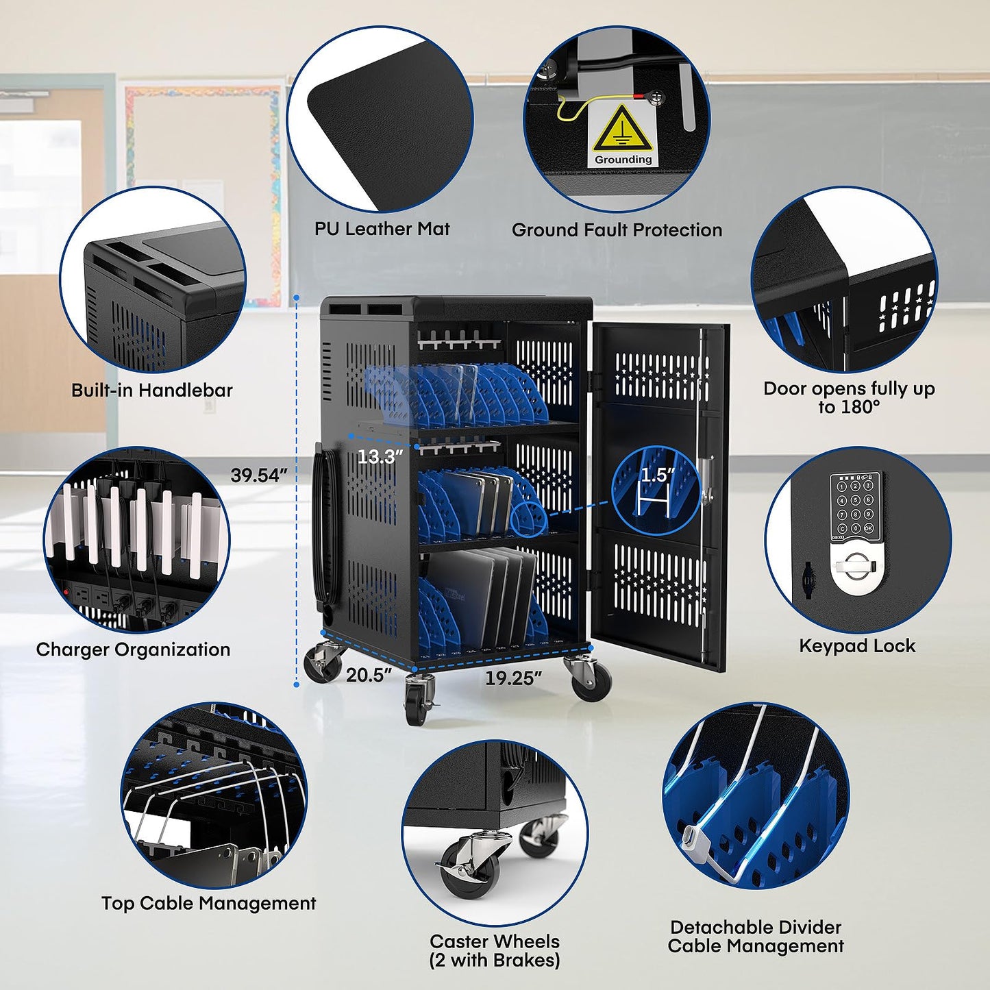 Metateel Fully Assembled 30 Device Charging Cart for iPad, Chromebook and Laptop Computer with Keypad Lock,Up to 14-in Screen Size,Surge Protection,Front & Back Access Locking Cabinet
