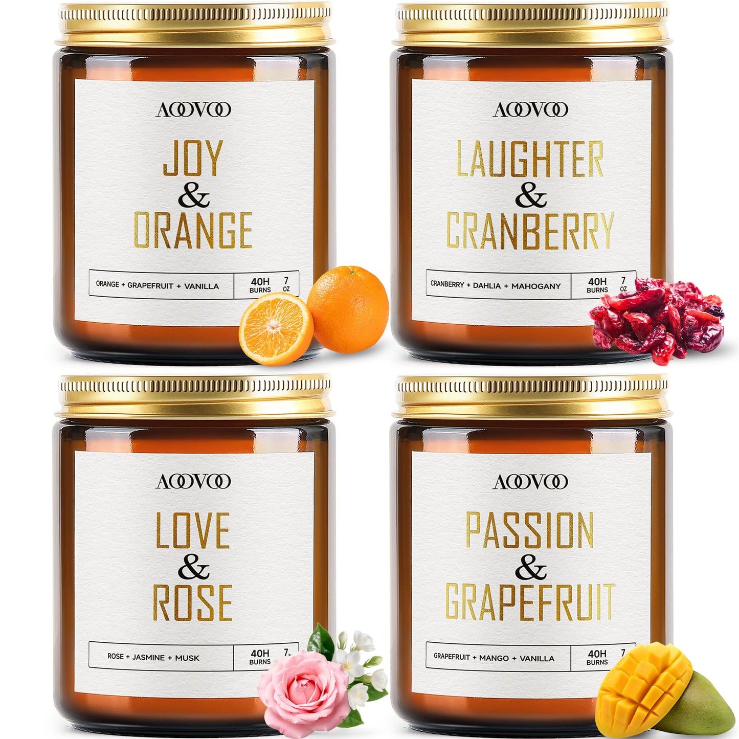 AOOVOO Candle Set - 4PC Scented Candles, 28 oz Soy Candles, Soy Candle for Home Scented, Joy Orange/Laughter Cranberry/Love Rose/Passion Grapefruit