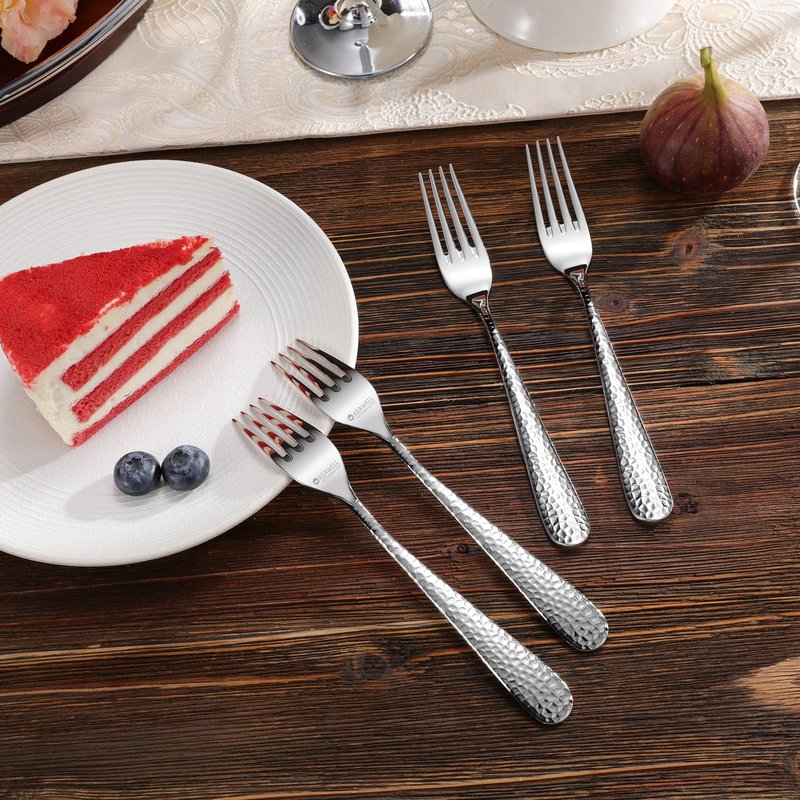 KEAWELL Premium 4-Piece Louise Hammered Fork Set, 18/10 Stainless Steel, Fine Fork Set with Round Edge, Brightly-Mirror polished, Dishwasher Safe. (4, 7.28" Salad Forks)