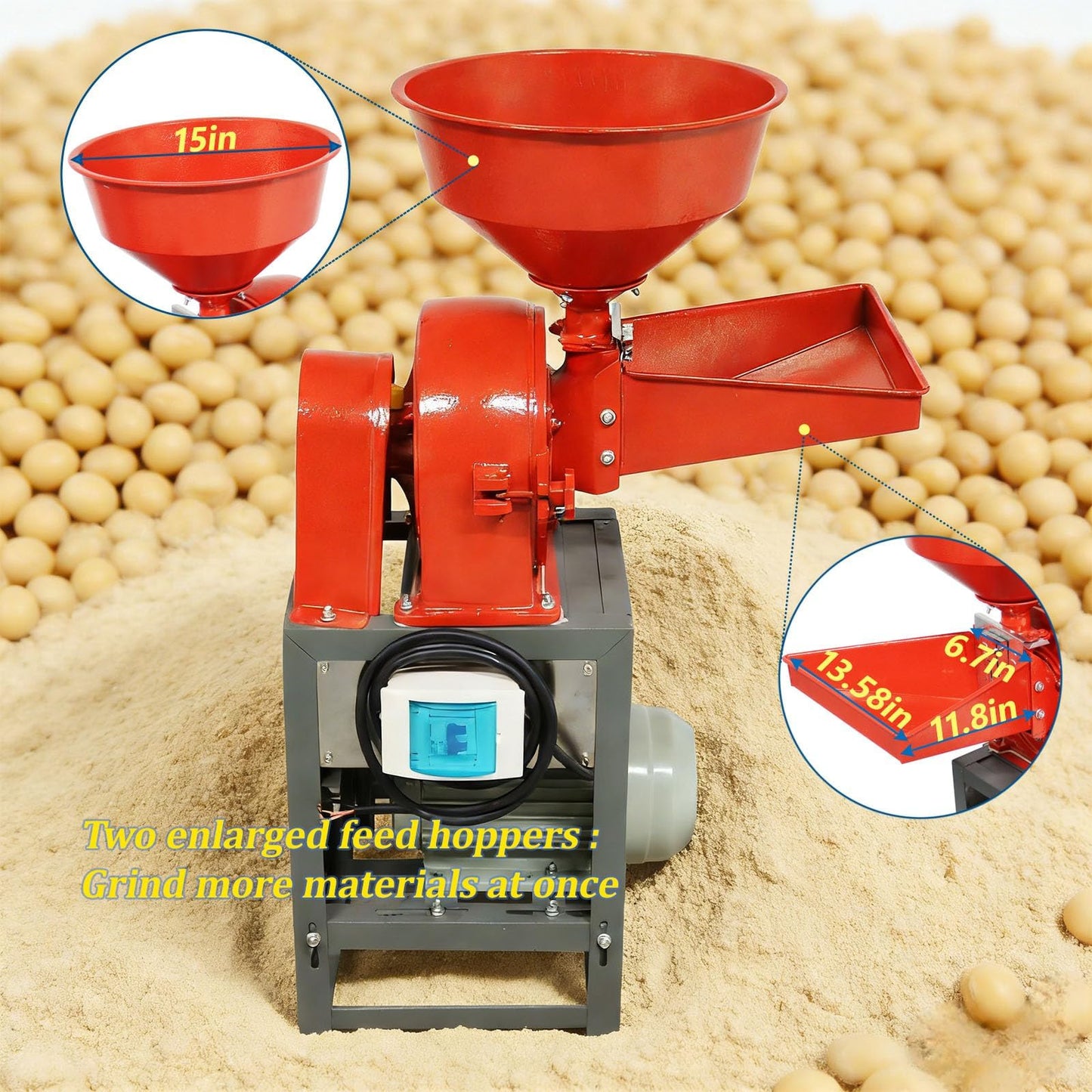 JARYANNIX 220v 2.2KW Commercial Corn Grind Machine with 2 Replace Screens, 330LB Grain Mill Grinder with 2 Feeding Hoppers,Cast iron Bean Mill Grinder
