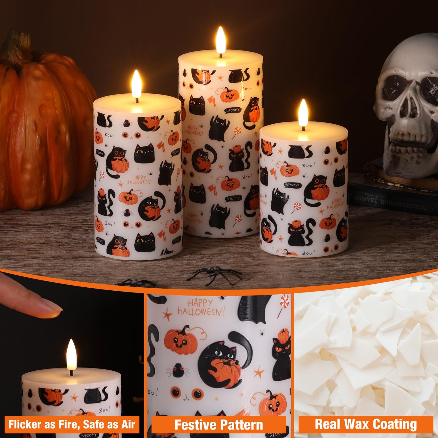 Girimax Halloween Flameless Pillar Candles with Remote, Black Cat Pumpkin LED Wax Candles Battery Operated Set of 3