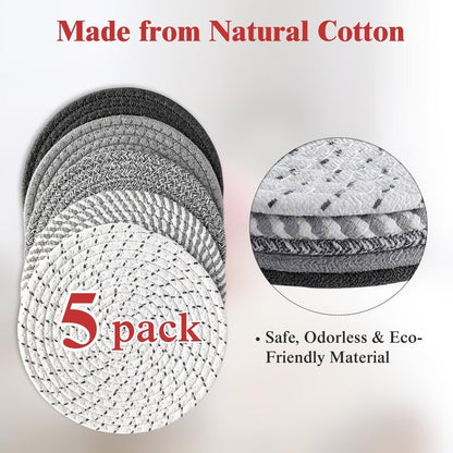 CATIFLIN 8 Inch Heat Resistant Trivets for Hot Dishes, 5-Pack Cotton Woven Pot Holders & Hot Pads Set – Kitchen Countertop & Table Protector, Home Essentials Decor