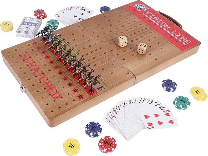 Glintoper Large 21 Horse Racing Game Horse Race Board Games with 11 Luxury Metal Horses Foldable Wood Board with 2 Dices 2 Boxes of Cards 40 Poker Chips Finish Line for Parties