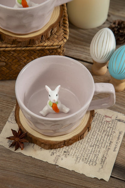 DIHOclub Farmhouse Ceramic Coffee Mug with Rabbit Figurine – Rustic Stoneware Cup, Matte Finish, Ideal for Breakfast & Home Decor (Pink Rabbit)