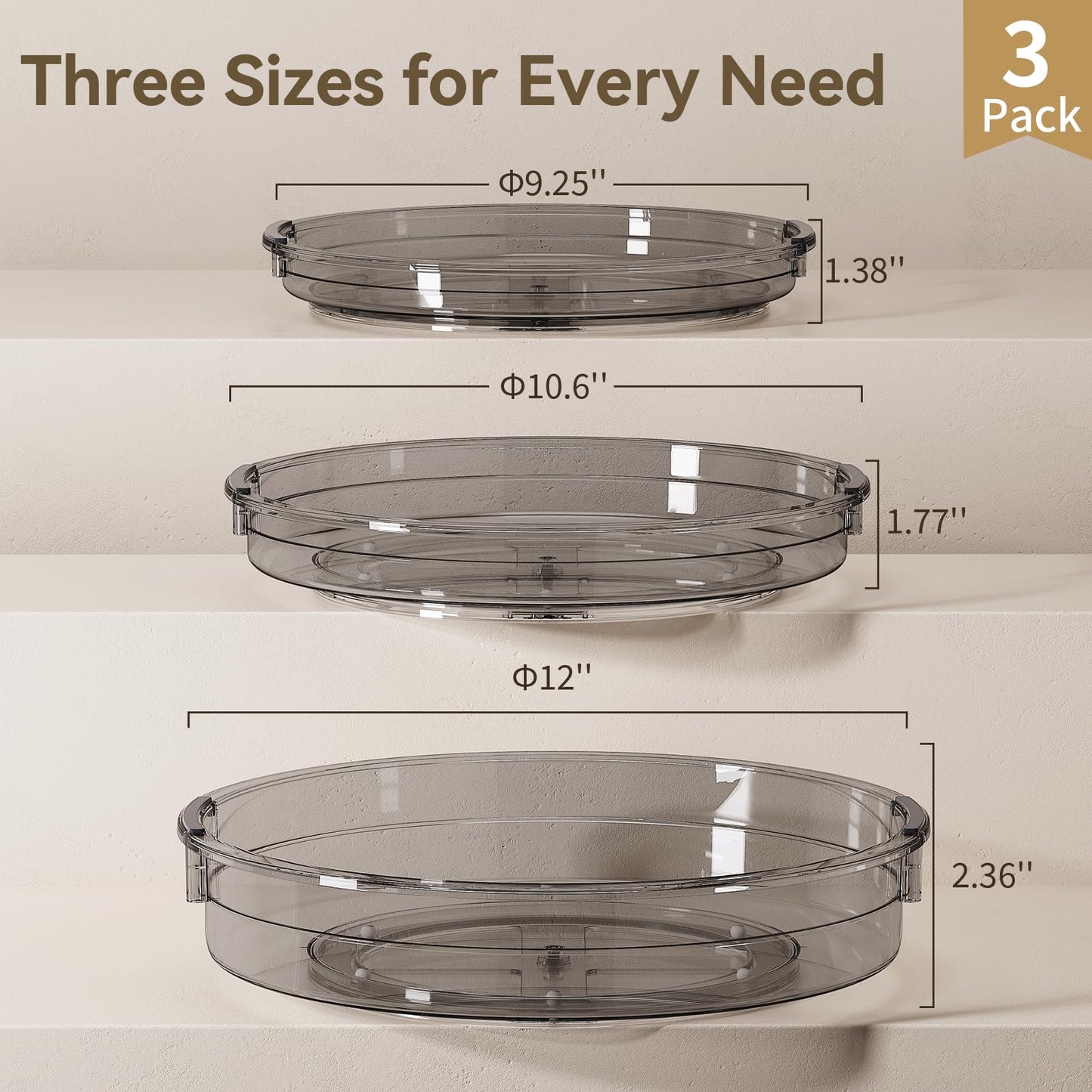 LAMU 3 Pack Lazy Susan Organizer Turntable for Cabinet, Rotating Condiment Organizer for Kitchen Pantry Organizers and Storage, Table Top, Fridge, Countertop, Spice Organization, 9.25'' 10.6'' 12''