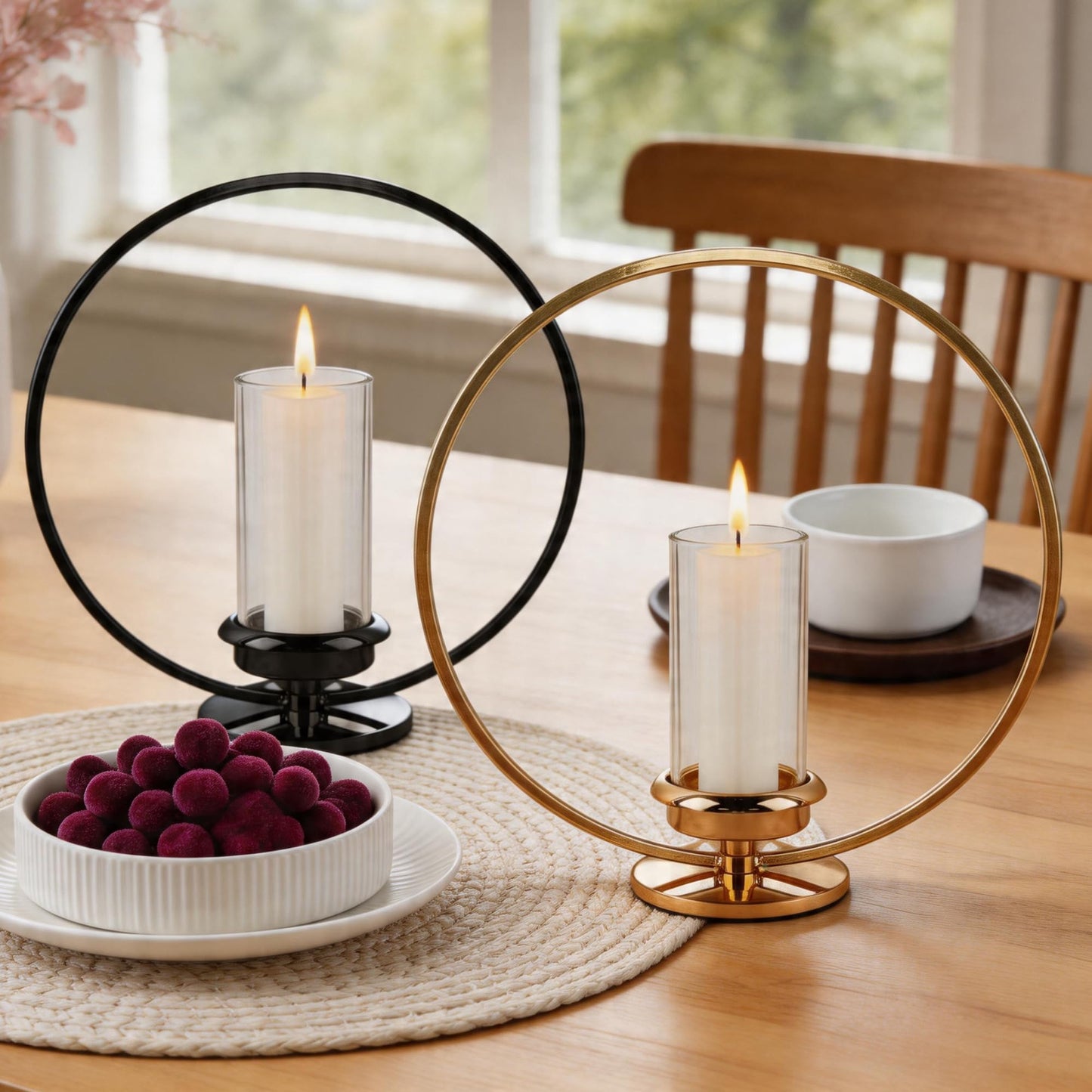 HiSnug Hurricane Candle Holders Set - Circular Metal Candlestick Holders with Glass Sleeve, 2PCS Simple Decorative Candleholder for Dining Table Centerpiece Shelf Home Decor, 2PCS, L+L, Black