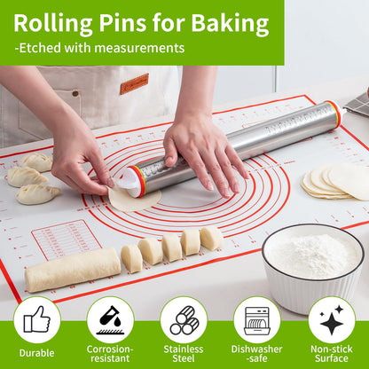 Adjustable Rolling Pin Set with Thickness Rings Cookie Cutters Dough Scraper Food Grade Stainless Steel Precise Dough Roller Handle Press Design for Baking Fondant Pizza Pie Pastry Pasta Cookies