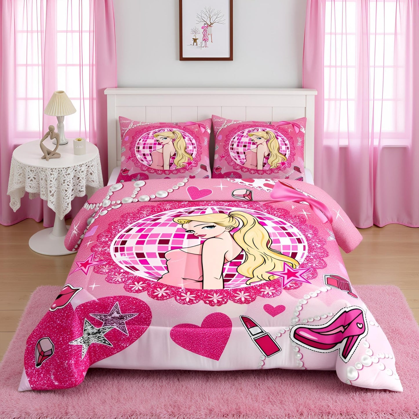 Pink Girly Princess Kids Comforter Set Full Size,High-heeled Shoes Lip Bowknot Romantic Bedding Set,Beauty Girls Room Decor,Glitter Sequin Diamond Down Comforter,Dreamy Duvet Insert,2 Pillowcases