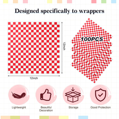 Patelai 30 Pcs Fast Food Baskets with 100 Sheets Red Checkered Deli Liners, 10.5" x 6.7" Red Burger Baskets 100 Pcs Clear Bags with Tie, Restaurant Serving Basket Sets for Burgers Fries Hot Dogs Bread