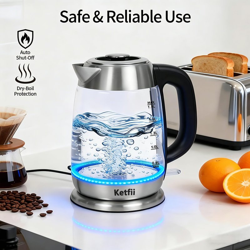 Electric Glass Kettle 1.8L, 1200W Fast Boil for Tea & Coffee, Auto Shut-Off & Boil-Dry Protection, BPA-Free, 304 Stainless Steel & Borosilicate Glass, Removable Lid for Easy Cleaning