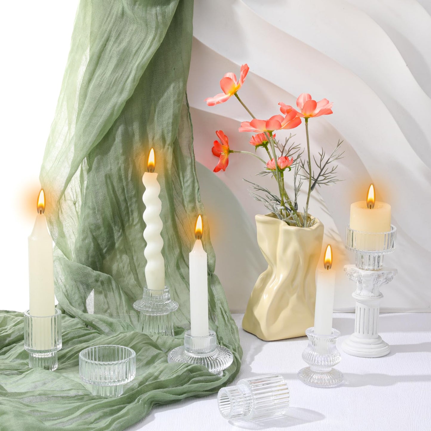 Ovveroche 10 Pcs Glass Candlestick Holders Set, Glass Crystal Taper Candle Holders Striped Vintage Reversible Clear Candle Stick Holder Ideal for Wedding, Party, Festival Celebrations, 5 Styles