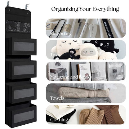 Giraffe Creation Over Door Organizer with 4 Large Capacity Pockets, Hanging Organizer Storage for Closet Bathroom Nursery Bedroom Dorm, Toys Cosmetics Sundries and Baby Essentials, Black