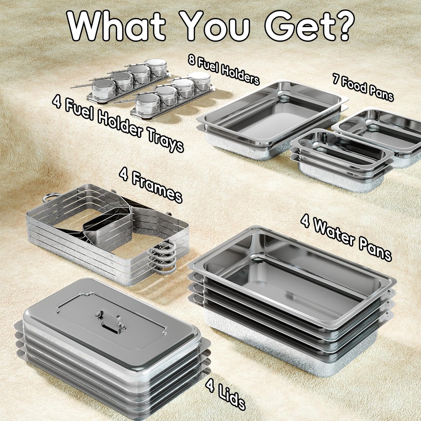 Amhier Chafing Dishes for Buffet 9Qt 4 Pack [Multi-Size Food Pans] Stainless Steel Chafing Dishes [Sturdy and Durable] Chafing Dish Buffet Set for Weddings & Parties & Festival, Silver