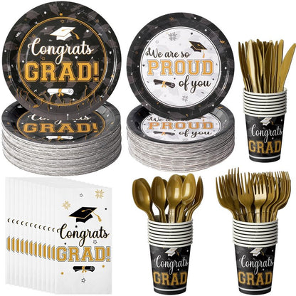 Graduation Party Supplies Congrats Grad Plates and Napkins Set Disposable Tableware Paper Plates Napkins Cup Knive Spoon Fork Straw for Class of 2026 Graduation Party Decorations Serve 100(Black Gold)